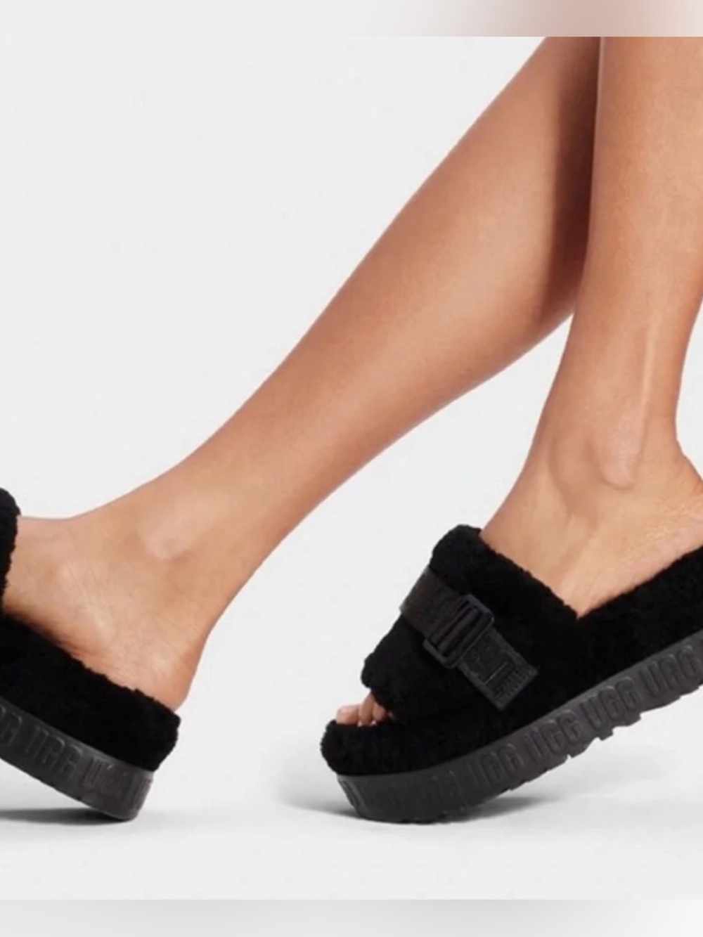 UGG Black Fluffita Flatform Curly Sherp Slide Sandals with Adjustable Buckle.9 - Picture 2 of 10